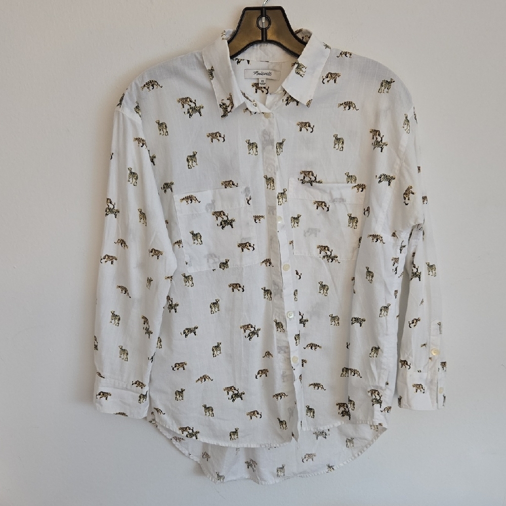 Madewell Leopard Print Button Down Shirt White Novelty Animal Blouse Size XS